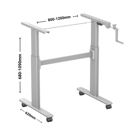SteelForce 100 | Kleiner Höhenverstellbarer Schreibtisch Handkurbel und Rollen